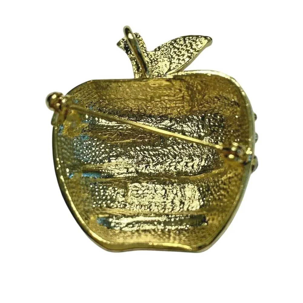 USA Patriotic Brooch Apple Shape Gold Tone Red & Blue Enamel White Rhinestones